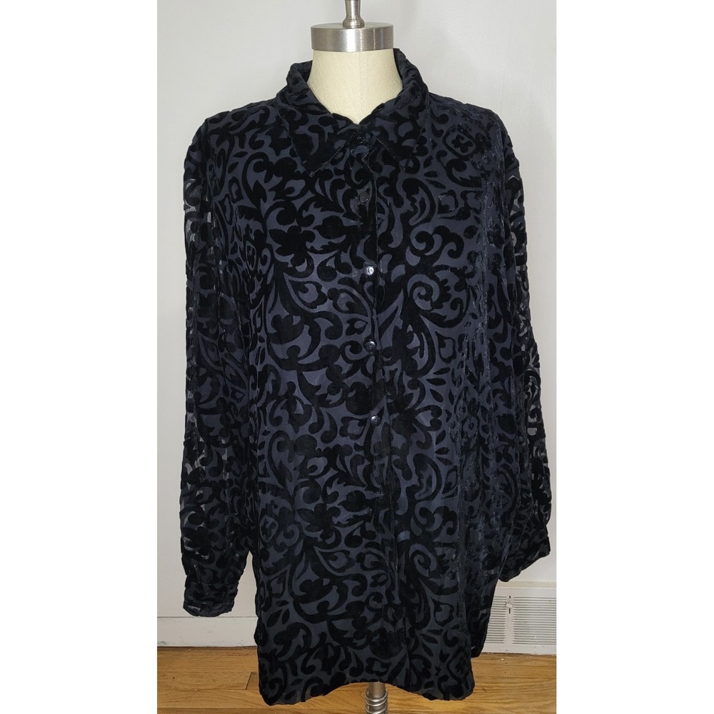 Anne Carson Womens Black Velvet Burnout Long Sleeve Top Blouse Goth Witchy 3X